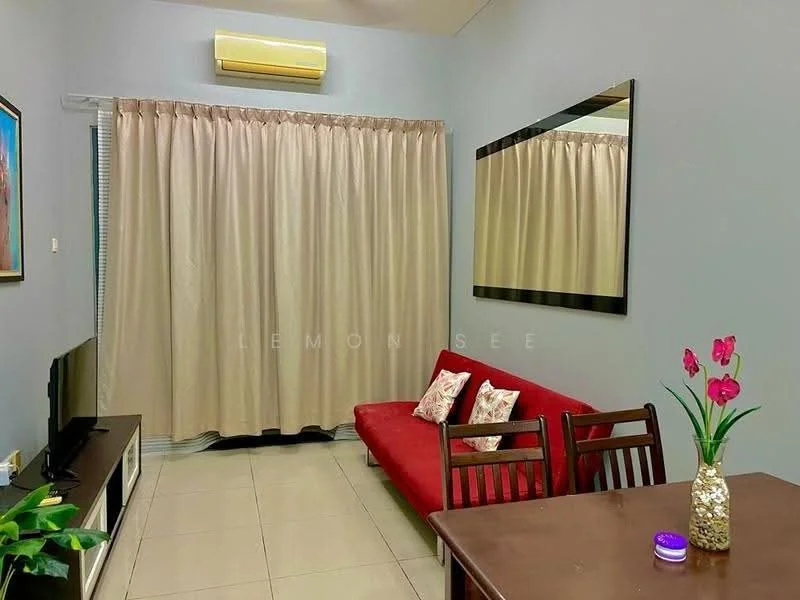 Living features: red fabric sofa, 2 decorative cushions, wooden dining table with 4 chairs, wall-mounted TV, black TV console, large mirror on wall, curtains in light beige, air conditioning unit, ceramic tile flooring, decorative vase with flowers; style: modern.