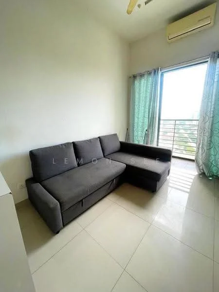 Living features: L-shape sectional sofa in grey, floor-to-ceiling windows, sheer curtains, light-colored walls, tile flooring, ceiling fan, balcony access, view of city skyline; style: modern; view: city.