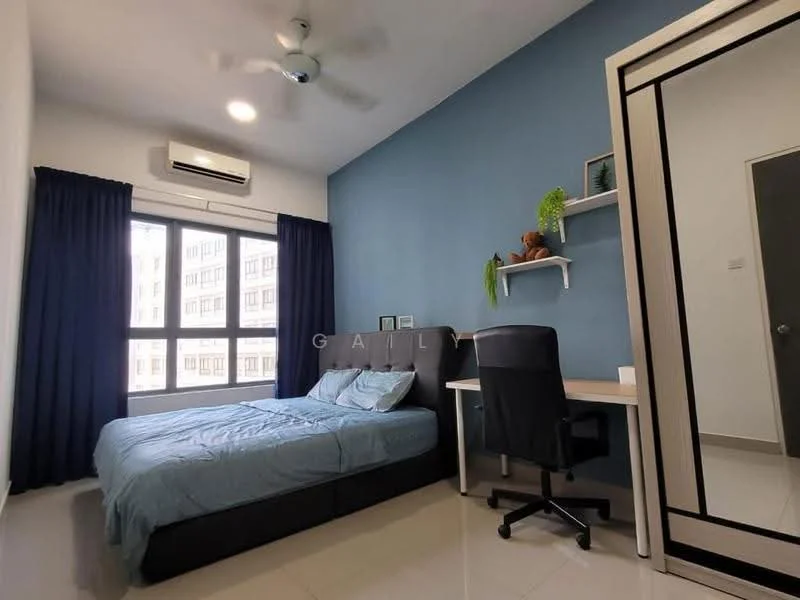 Bedroom features: king-size bed with blue bedding, upholstered headboard, floor-to-ceiling window, blue painted accent wall, white walls, white ceiling, 5-blade ceiling fan, air conditioning unit, study desk with chair, built-in wardrobe with sliding mirror doors, curtains in dark blue, tile flooring; style: modern; view: city.
