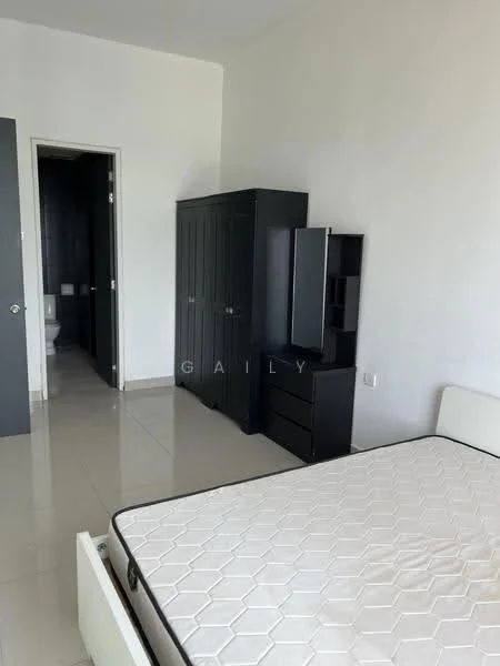 Bedroom features: white walls, tile flooring, queen-size bed frame without mattress, built-in wardrobe in dark wood, chest of drawers in dark wood, floor-to-ceiling mirror, doorway leading to bathroom, natural light from window; style: modern.