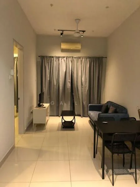 Living features: grey fabric sofa, coffee table, TV console, wall-mounted TV, floor-to-ceiling curtains, recessed downlights, 1 wall-mounted split AC, glossy tile flooring, neutral painted walls, dining table with black chairs; style: modern.