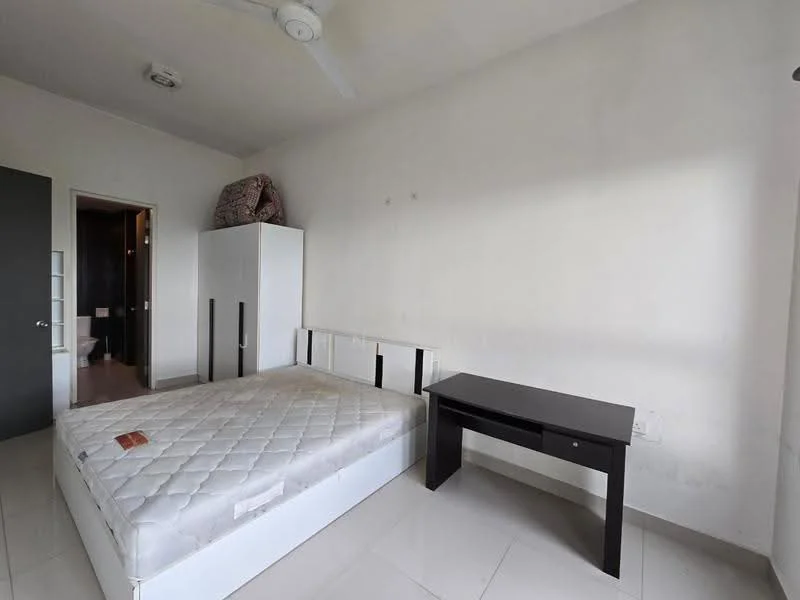 Bedroom features: white painted walls, white tiled flooring, queen-size bed frame without mattress, black wooden study table, ceiling fan, built-in wardrobe, doorway leading to bathroom, natural light from window; style: modern.