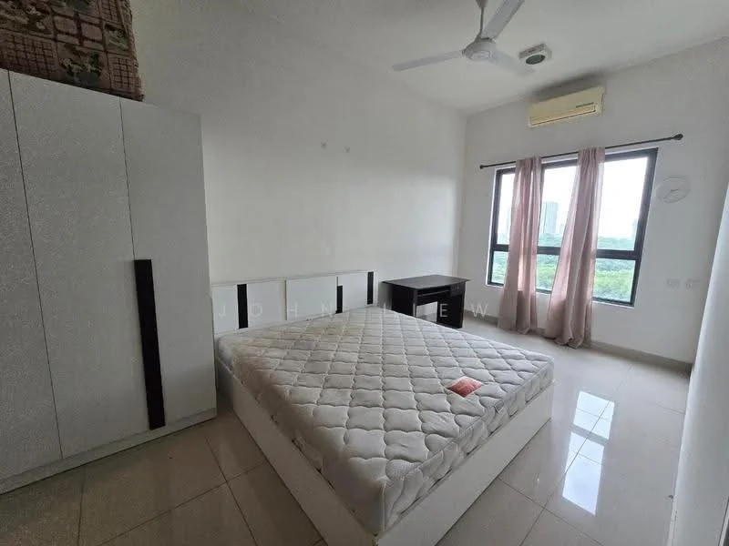 Bedroom features: queen-size bed, white bed frame, mattress without bedding, built-in wardrobe with sliding doors, nightstand, floor-to-ceiling window, curtains, ceiling fan, white painted walls, glossy tile flooring, air conditioning unit; style: modern; view: city.