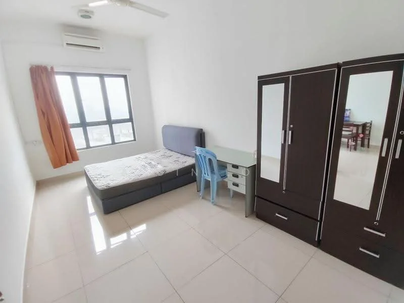 Bedroom features: queen-size bed, upholstered headboard, study desk, blue plastic chair, built-in wardrobe with mirrored doors, floor-to-ceiling window, orange curtain, wall-mounted split AC, cream painted walls, glossy tile flooring, ceiling fan; style: modern; view: city.