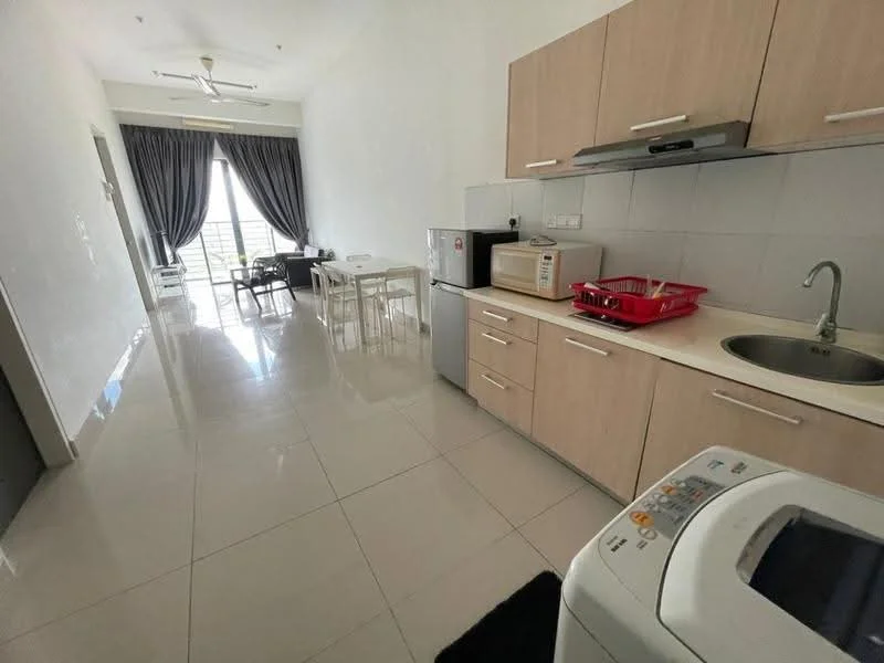 Kitchen features: white cabinets, stainless-steel sink, chrome faucet, built-in oven, microwave, refrigerator, washing machine, ceramic tile flooring, recessed downlights, floor-to-ceiling windows with sheer curtains, dining table with chairs, sofa, area rug; style: modern; view: city.