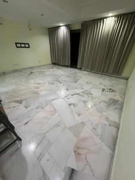 Room features: marble flooring, cream painted walls, floor-to-ceiling curtains, recessed lighting, large windows, neutral color palette; style: modern.