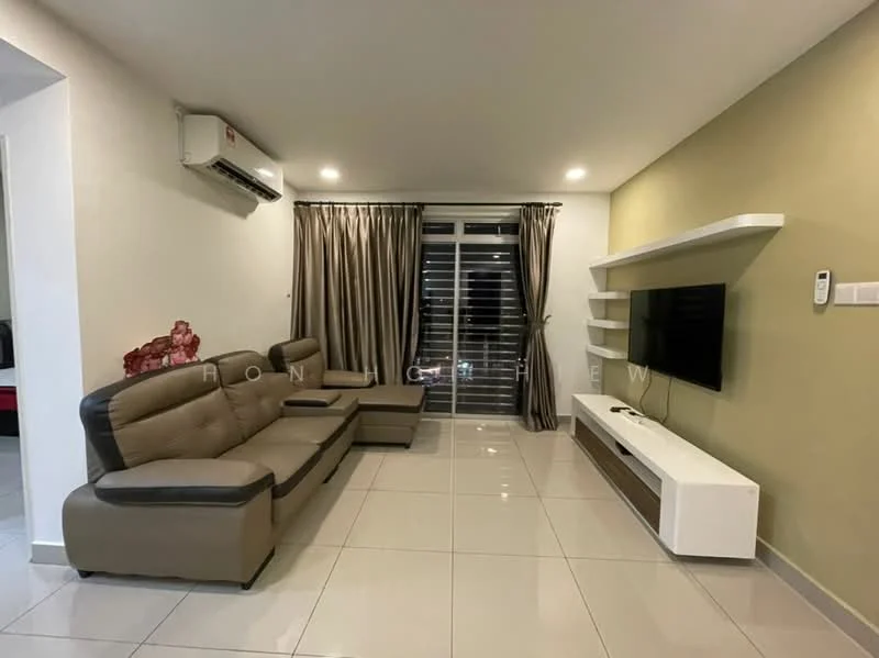 Living features: L-shape sectional sofa in beige and brown, wall-mounted TV, white TV console, floor-to-ceiling windows with sheer curtains, recessed downlights, split wall-mounted air conditioning unit, light green accent wall, glossy white tile flooring; style: modern.