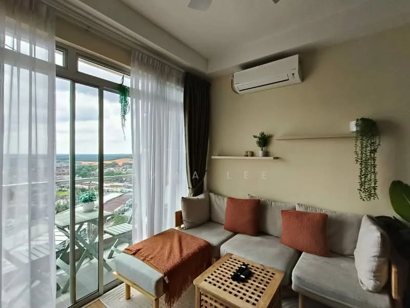 Living features: floor-to-ceiling windows, sheer curtains, 2-seater fabric sofa in light grey, orange throw pillows, wooden coffee table with lattice design, wall-mounted shelf, decorative plants, wall-mounted split AC, beige painted walls, carpet flooring, ceiling fan; style: modern; view: city.