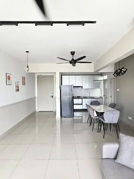 Living features: grey fabric sofa, 4-seater dining table, upholstered dining chairs, pendant light, 5-blade ceiling fan with light, wall-mounted kitchen cabinets, stainless-steel fridge, marble countertop, ceramic tile flooring, white painted walls, grey accent wall, track lighting; style: modern.