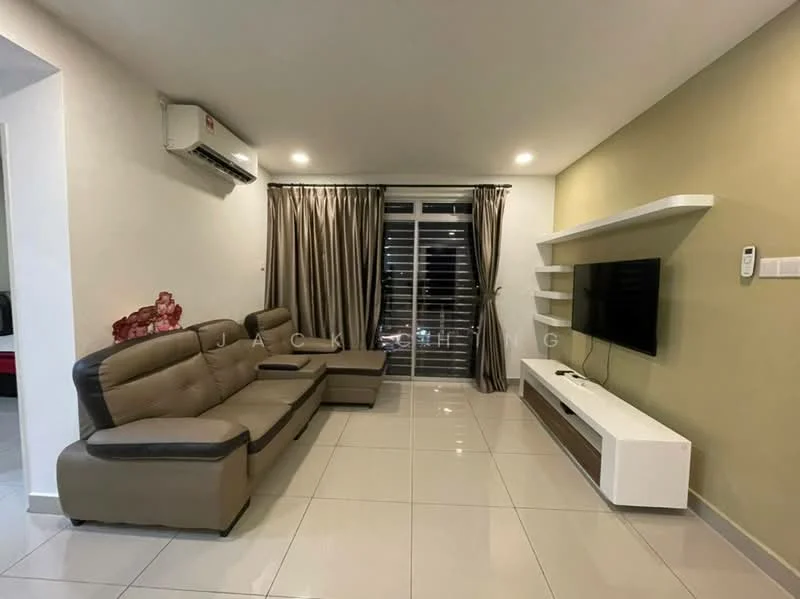Living features: L-shape sectional sofa in brown and beige, wall-mounted TV, white TV console, recessed downlights, floor-to-ceiling windows, grey curtains, 1 wall-mounted split AC, cream painted walls, glossy ceramic tile flooring; style: modern.