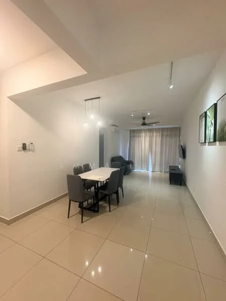 Living features: white painted walls, glossy ceramic tile flooring, recessed downlights, 5-blade ceiling fan, dining table for 4, upholstered dining chairs, sofa in grey, TV console, floor-to-ceiling windows with sheer curtains, curtains, decorative wall art; style: modern.