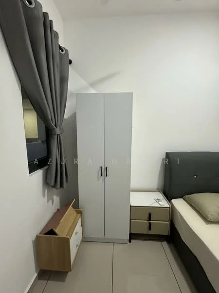 Bedroom features: grey upholstered bed, white bedding, white wardrobe with two doors, wooden bedside table, cream bedside drawer, floor-to-ceiling mirror, grey curtains, tile flooring; style: modern.
