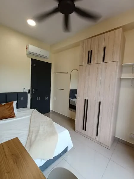 Bedroom features: queen-size bed with white bedding, upholstered headboard, wooden bedside table, ceiling fan, wall-mounted air conditioning unit, built-in wardrobe with wooden finish, full-length mirror, tile flooring, neutral wall color, shelf unit on wall; style: modern.