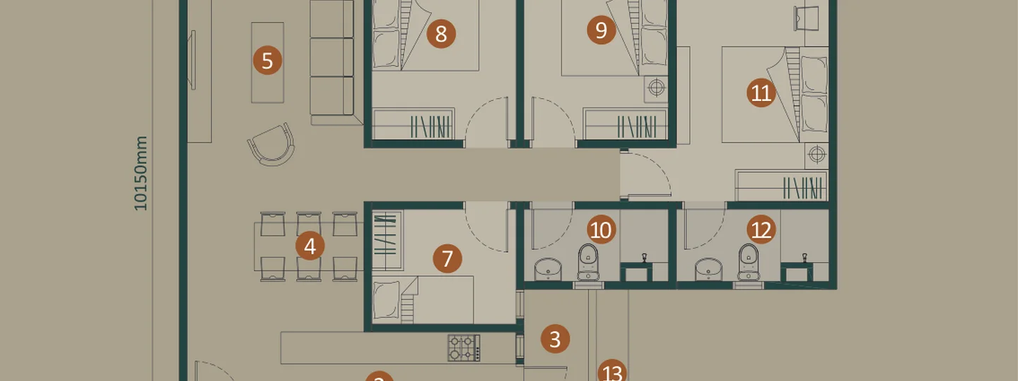 Floor plan: 3-bedroom 2-bathroom unit; features: open-plan kitchen-dining-living, master bedroom with ensuite bathroom, bedroom 2 with shared bathroom, utility room, central foyer, 1 car porch, balcony off living room, dining area with 6-seater dining table, living area with sofa, kitchen with island, laundry area, storage room.