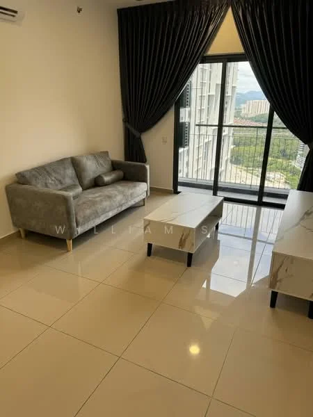 Living features: grey fabric 3-seater sofa, marble coffee table, floor-to-ceiling windows, blackout curtains, cream tiled flooring, city view, decorative cushion, wall-mounted TV, light-colored walls; style: modern; view: city.