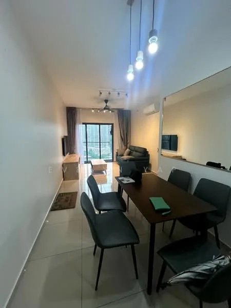 Living features: white painted walls, glossy tile flooring, 5-blade ceiling fan with light, recessed downlights, sofa in grey, wall-mounted TV, coffee table, dining table with 6 chairs, floor-to-ceiling windows, curtains, decorative mirror; style: modern; view: city.
