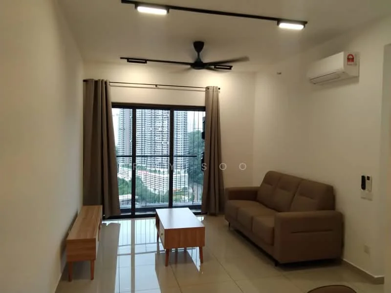 Living features: 3-seater fabric sofa in brown, wooden coffee table, wooden TV console, floor-to-ceiling windows, curtains in beige, 1 wall-mounted split AC, recessed LED downlights, ceiling fan with light, glossy tile flooring, neutral painted walls; style: modern; view: city.