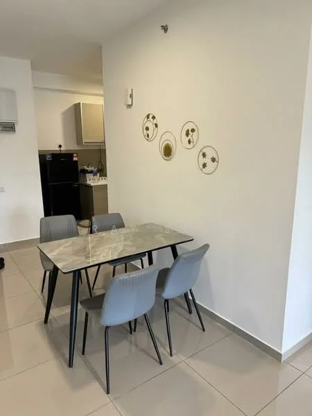 Dining features: marble dining table, 4 dining chairs in grey, white painted walls, tile flooring, wall-mounted air conditioning unit, decorative wall plates, kitchen area visible in background; style: modern.