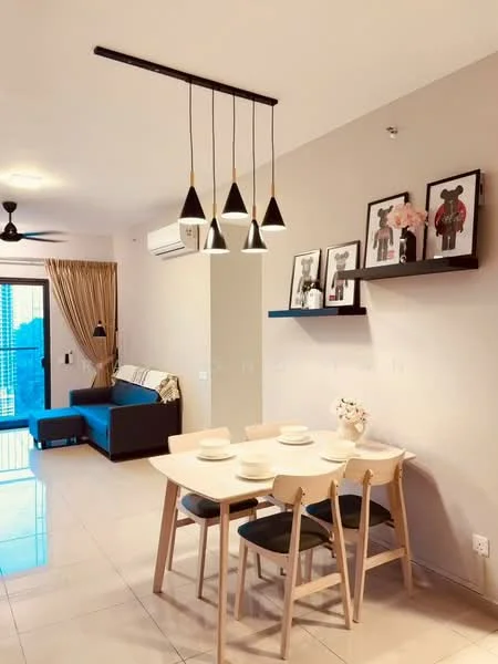 Dining features: 6-seater dining table, wooden dining chairs, pendant lighting with multiple shades, decorative wall shelf, framed artwork on walls, floor-to-ceiling windows, curtains, ceiling fan, polished tile flooring, sofa in living area visible, air conditioning unit; style: modern; view: city.