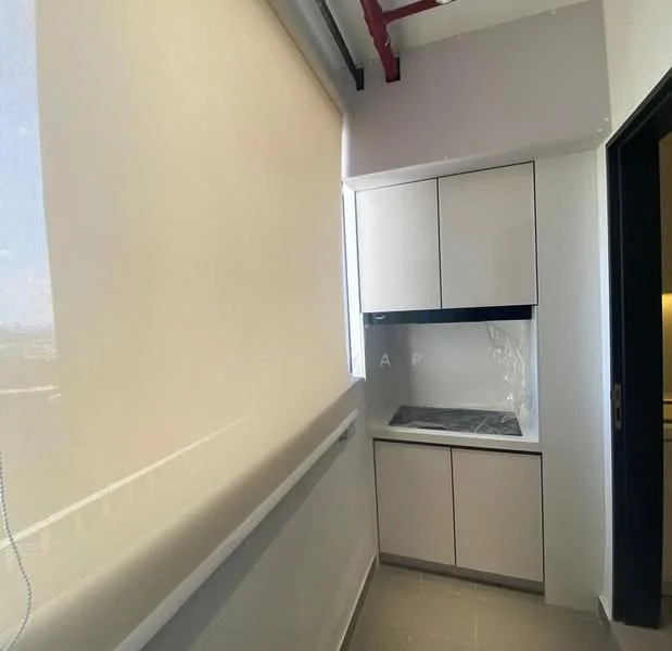 Laundry features: white cabinetry, black countertop, window with sheer blinds, grey tiled flooring, exposed ceiling with red beams; style: modern; view: city.