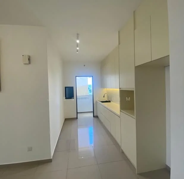 Kitchen features: white cabinetry, single-bowl stainless-steel sink, chrome pull-down faucet, light-colored countertop, recessed LED downlights, wall-mounted TV, sliding glass door, tile flooring, neutral wall color; style: modern.