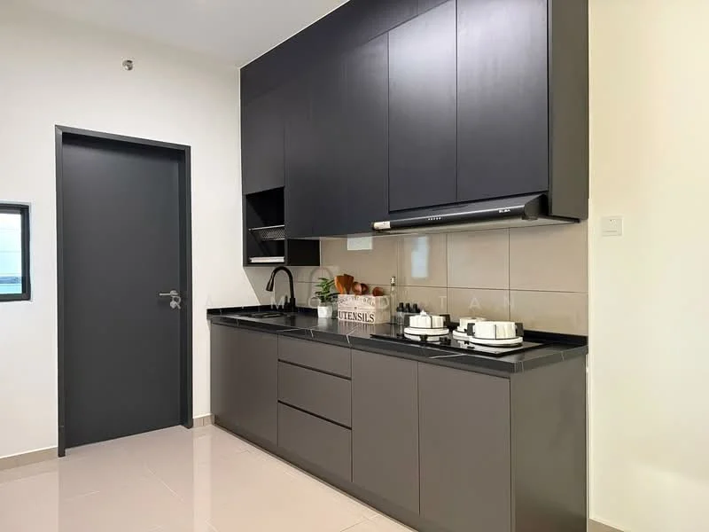 Kitchen features: black cabinetry, white countertop, stainless-steel sink, chrome pull-down faucet, built-in oven, stainless-steel gas hob, white ceramic plates, kitchen utensils, grey tiled backsplash, recessed downlights, floor-to-ceiling cabinet, sliding door, light-coloured walls, glossy tile flooring; style: modern.