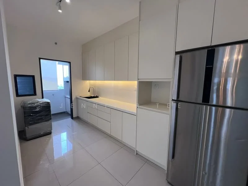 Kitchen features: white cabinetry, black countertop, single-bowl stainless-steel sink, chrome pull-down faucet, stainless-steel fridge, ceramic tile flooring, recessed downlights, wall-mounted cabinet, open shelving, window with view, back door leading outside; style: modern.
