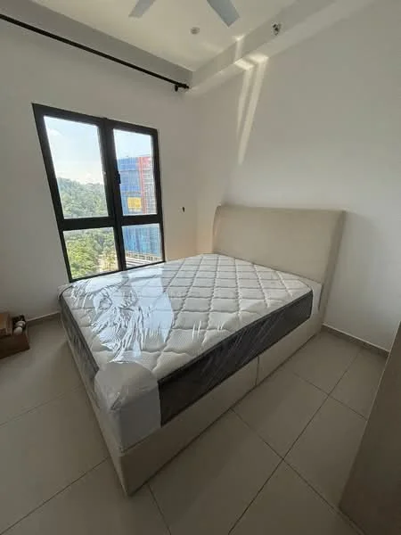 Bedroom features: queen-size bed with upholstered headboard, mattress with protective cover, floor-to-ceiling window, white painted walls, light-colored tile flooring, ceiling fan, built-in wardrobe, mountain view; style: modern; view: mountain.