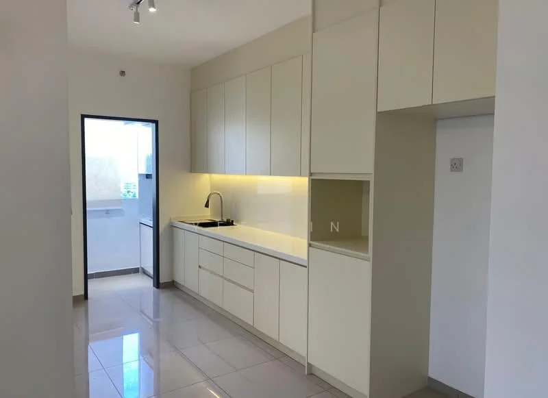 Kitchen features: white cabinetry, white countertop, single-bowl stainless-steel sink, chrome pull-down faucet, built-in oven, ceramic tile flooring, recessed downlights, wall-mounted cabinets, open shelving, window with view to balcony; style: modern.