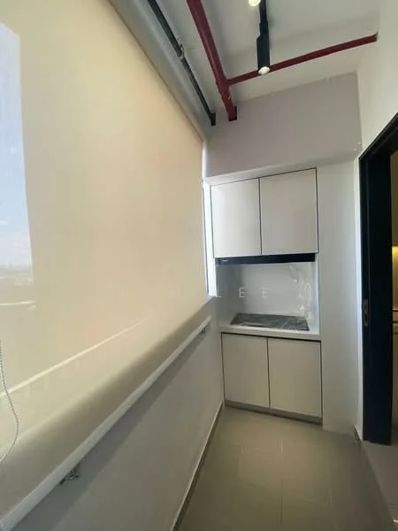 Kitchen features: white cabinetry, built-in countertop, stainless-steel sink, single-bowl sink, chrome faucet, ceramic tile flooring, roller blinds, wall-mounted cabinets, open shelving, recessed lighting; style: modern.