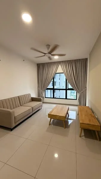 Living features: 3-seater fabric sofa in beige, 2 wooden coffee tables, floor-to-ceiling windows, sheer curtains, 5-blade ceiling fan, glossy ceramic tile flooring, neutral painted walls, decorative wall with no visible artwork; style: modern.