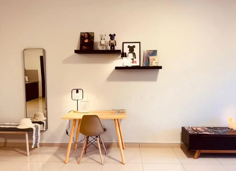 Room features: light-colored painted walls, glossy tile flooring, wooden desk, Eames-style chair, black floating shelves, decorative figurines on shelves, framed artwork on wall, full-length mirror, small coffee table, decorative items on coffee table, table lamp; style: modern.