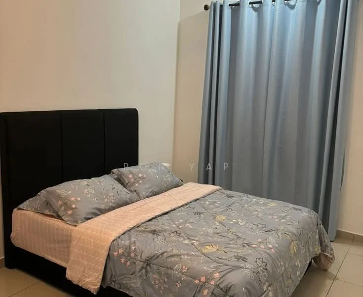 Bedroom features: king-size bed with upholstered headboard, bedding with floral pattern, two decorative pillows, light blue curtains, cream walls, tiled flooring, nightstand, wall-mounted light fixture; style: modern.
