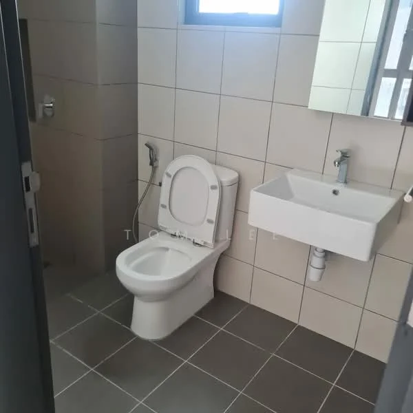Bathroom features: one-piece toilet, wall-mounted sink, mirror above sink, grey tiled walls, grey floor tiles, shower hose, chrome faucet, window for natural light; style: modern.