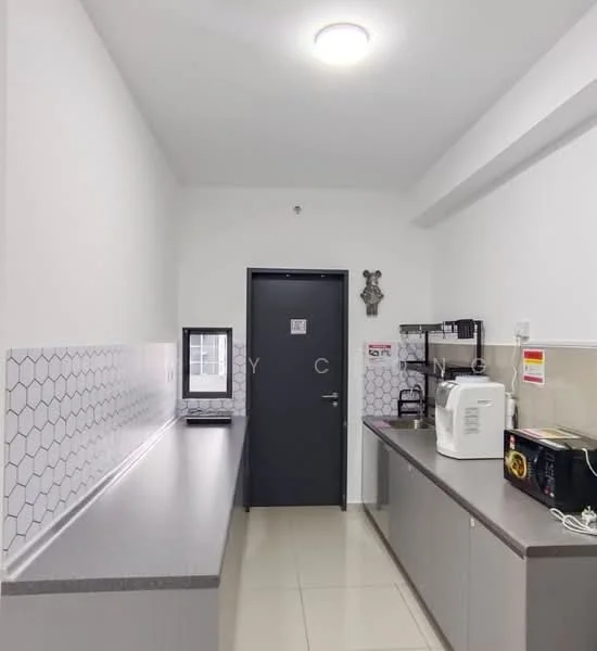 Kitchen features: grey laminate countertops, hexagonal white tile backsplash, white cabinets, built-in microwave, toaster, kettle, stainless-steel sink, chrome pull-down faucet, recessed LED downlights, floor tiles, dark door, wall-mounted cabinet; style: modern.