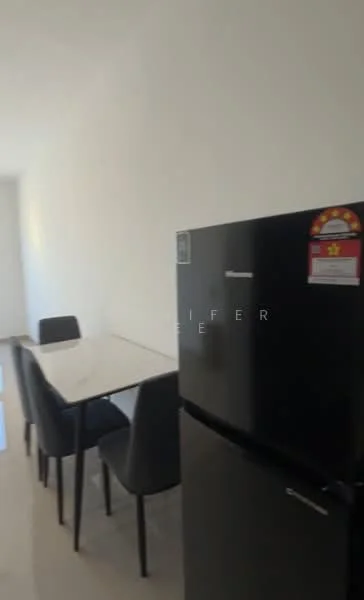 Dining features: black refrigerator, 4-seater dining table with white marble top, grey upholstered dining chairs, white painted walls, tile flooring; style: modern.