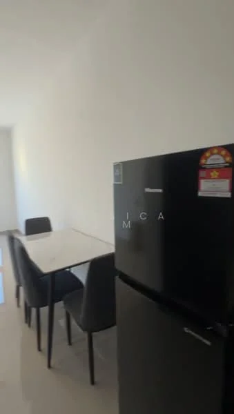 Kitchen features: black fridge, 4-seater dining table, black dining chairs, white walls, tile flooring, natural light from window, minimalist decor; style: modern.