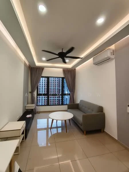 Living features: 5-blade ceiling fan with light, recessed LED downlights, cream painted walls, grey accent wall, floor-to-ceiling windows, sheer curtains, light-coloured tiled flooring, 2-seater fabric sofa in grey, round coffee table, TV console, wall-mounted air conditioning unit; style: modern; view: city.