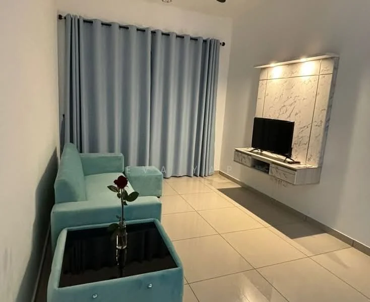 Living features: light blue fabric sofa, glass coffee table, wall-mounted TV, marble TV console, grey tiled flooring, white painted walls, floor-to-ceiling curtains, decorative rose in vase; style: modern.