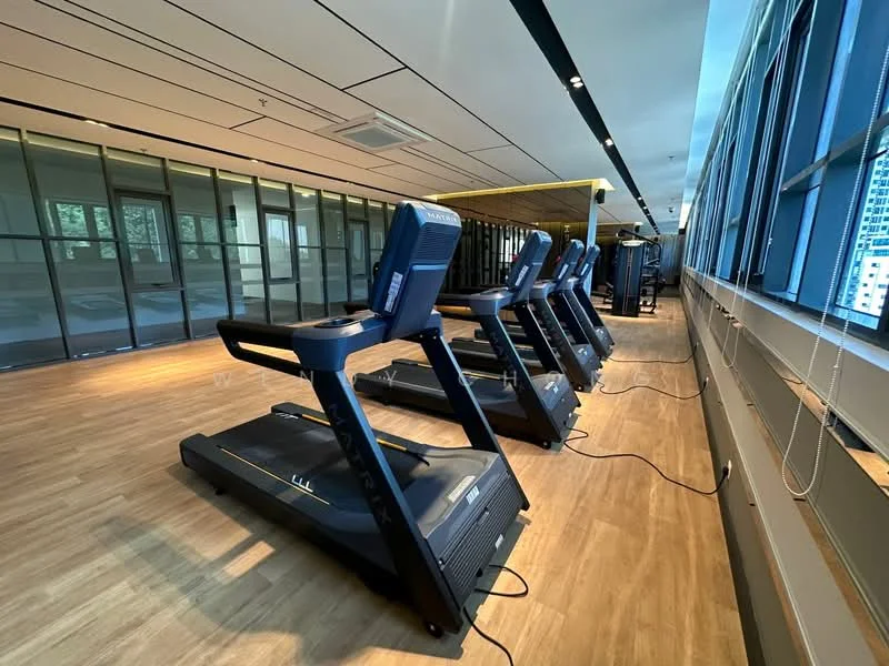 Room features: treadmills, large windows, wooden flooring, glass partition walls, modern lighting, open layout, exercise equipment, air conditioning vents; style: modern; view: city.