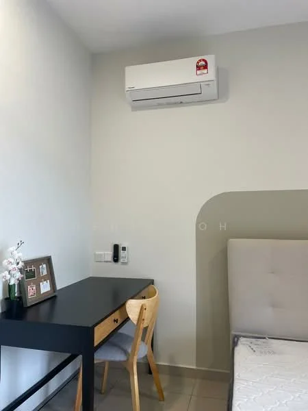 Room features: light grey painted walls, tile flooring, wall-mounted split AC, wooden desk, wooden chair, framed artwork on desk, intercom panel; style: modern.