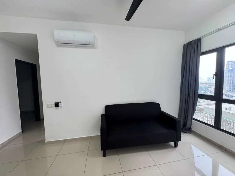 Living features: black fabric sofa, wall-mounted split AC, white painted walls, glossy tile flooring, floor-to-ceiling windows, grey curtain, city view; style: modern; view: city.