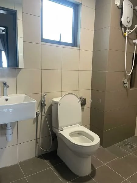 Bathroom features: white ceramic toilet, wall-mounted sink, chrome basin mixer faucet, shower with handheld showerhead, tiled walls in light beige, tiled flooring in dark grey, window for natural light, water heater unit mounted on wall; style: modern.