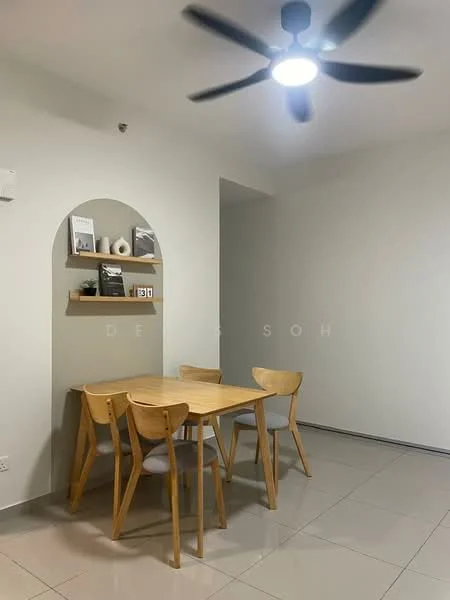 Dining features: round wooden dining table, 4 wooden dining chairs with cushions, wall-mounted shelf, decorative items on shelf, light grey painted walls, glossy beige tile flooring, 5-blade ceiling fan with light, arched wall feature; style: modern.