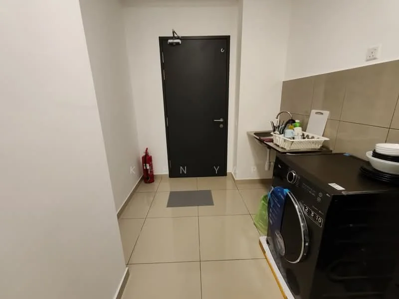 Laundry features: grey tiled flooring, white painted walls, black door, washing machine, sink with countertop, fire extinguisher, wall-mounted shelf, stacked plates, cleaning supplies, grey mat; style: modern.