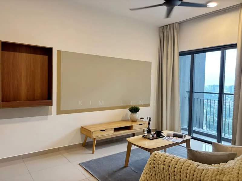 Living features: light grey painted walls, white ceiling, floor-to-ceiling windows, sliding glass door, curtains, 3-blade ceiling fan, wooden TV console, wooden coffee table, area rug, decorative items on coffee table, balcony view; style: modern; view: city.