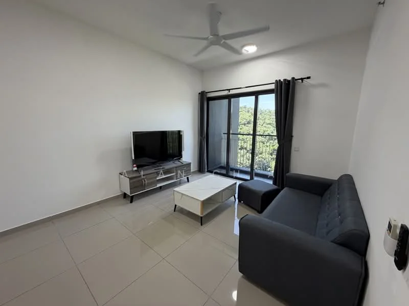 Living features: grey fabric sofa, white coffee table, wall-mounted TV, TV console with storage, floor-to-ceiling windows, sliding glass door, blackout curtains, ceiling fan with light, glossy tile flooring, white painted walls; style: modern; view: garden.