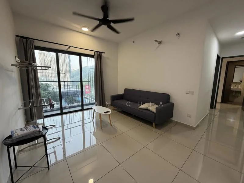 Living features: grey fabric sofa, white coffee table, floor-to-ceiling windows, sliding glass door, curtains, ceiling fan, wall-mounted light fixtures, glossy tile flooring; style: modern; view: city.