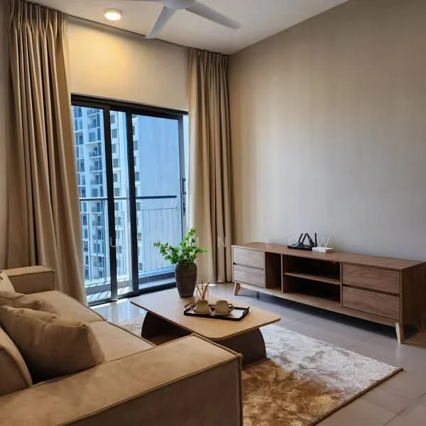 Living features: 3-seater fabric sofa in beige, wooden coffee table, TV console with drawers, floor-to-ceiling windows, sheer curtains, area rug with neutral tones, indoor plant in ceramic pot, recessed downlights, ceiling fan; style: modern; view: city.
