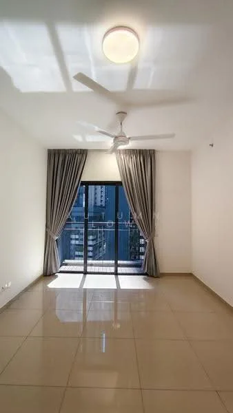 Room features: white painted walls, glossy tile flooring, 5-blade ceiling fan with light, floor-to-ceiling sliding glass door, sheer curtains, balcony access, natural light from windows, neutral color scheme; style: modern; view: city.